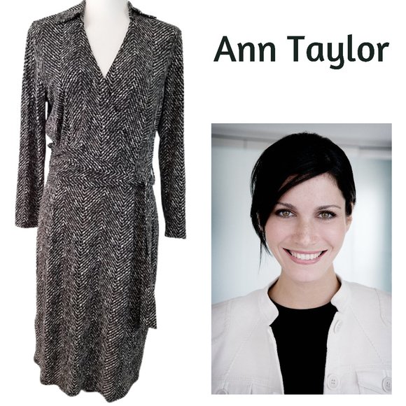 ANN TAYLOR Black White & Gray V-Neck Tie Waist Dress Women's Size 6 - Picture 1 of 7